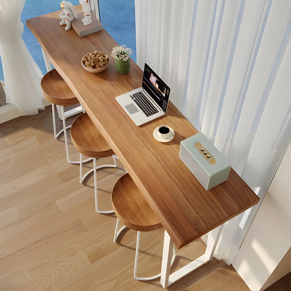 Modern Minimalist Bar Table with Wood Top and Metal Legs Image - 3