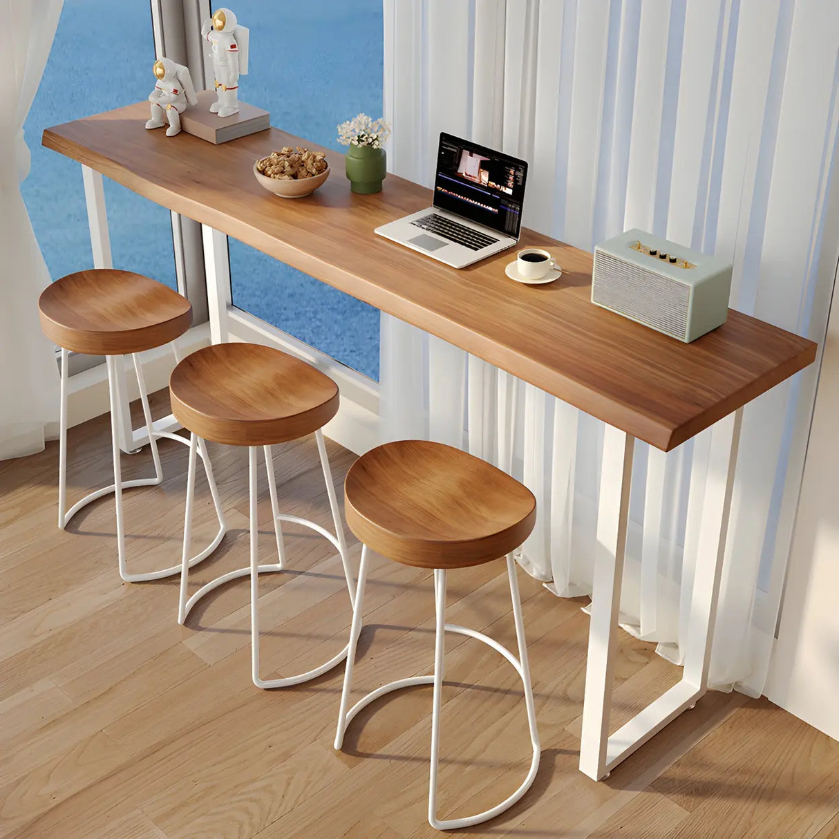 Modern Minimalist Bar Table with Wood Top and Metal Legs Image - 4