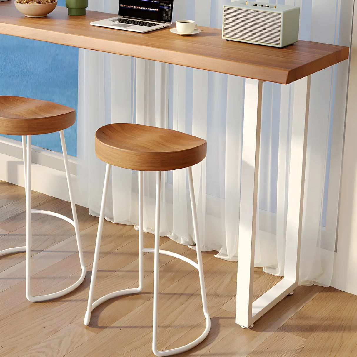 Modern Minimalist Bar Table with Wood Top and Metal Legs Image - 6
