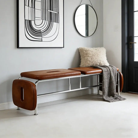 Modern Minimalist Bedroom Genuine Leather Entryway Bench Image - 1