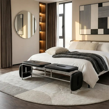Modern Minimalist Bedroom Genuine Leather Entryway Bench Image - 2