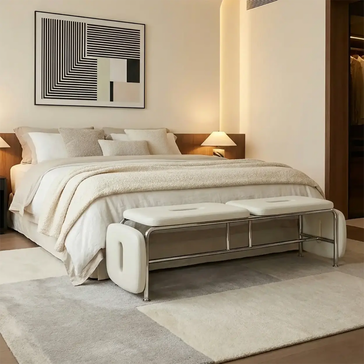 Modern Minimalist Bedroom Genuine Leather Entryway Bench Image - 3