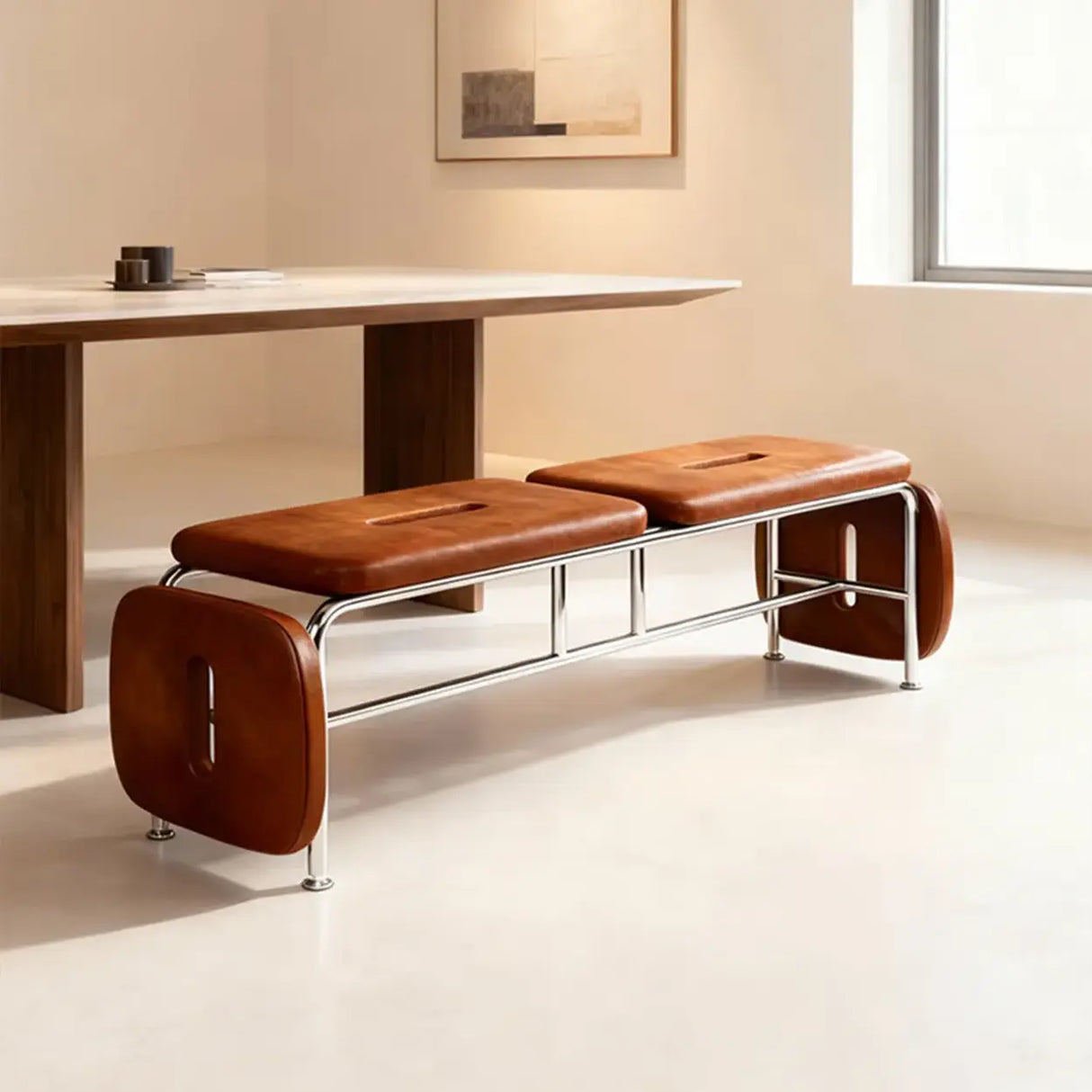 Modern Minimalist Bedroom Genuine Leather Entryway Bench Image - 6