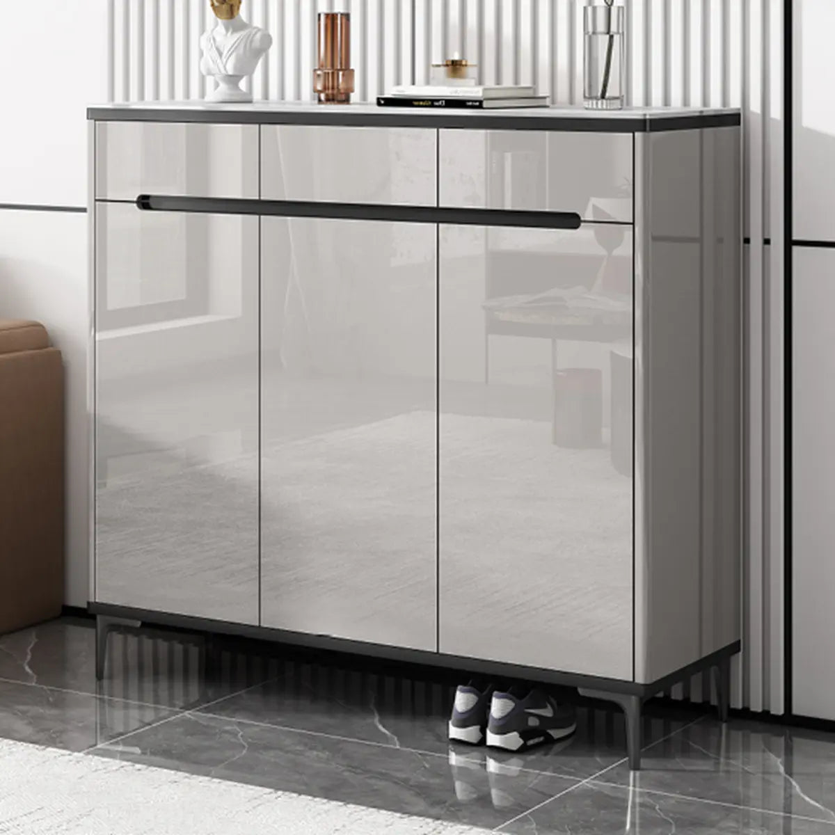Modern Minimalist Rectangle Wood Entryway Gray Shoe Cabinet Image - 10