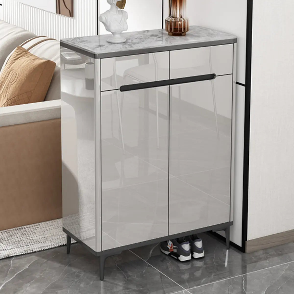 Modern Minimalist Rectangle Wood Entryway Gray Shoe Cabinet Image - 11