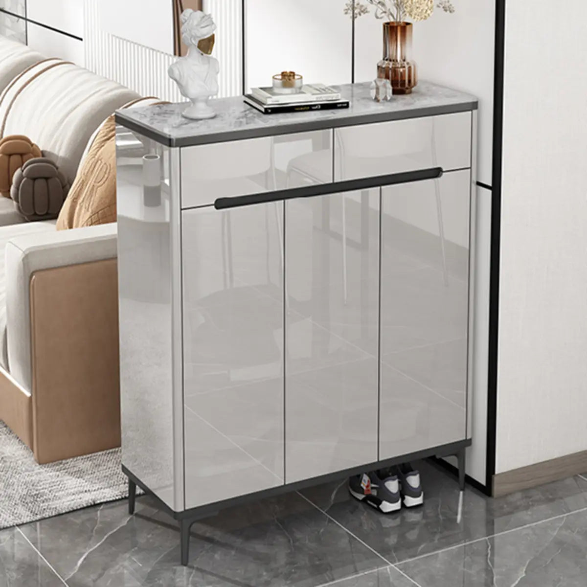 Modern Minimalist Rectangle Wood Entryway Gray Shoe Cabinet Image - 14