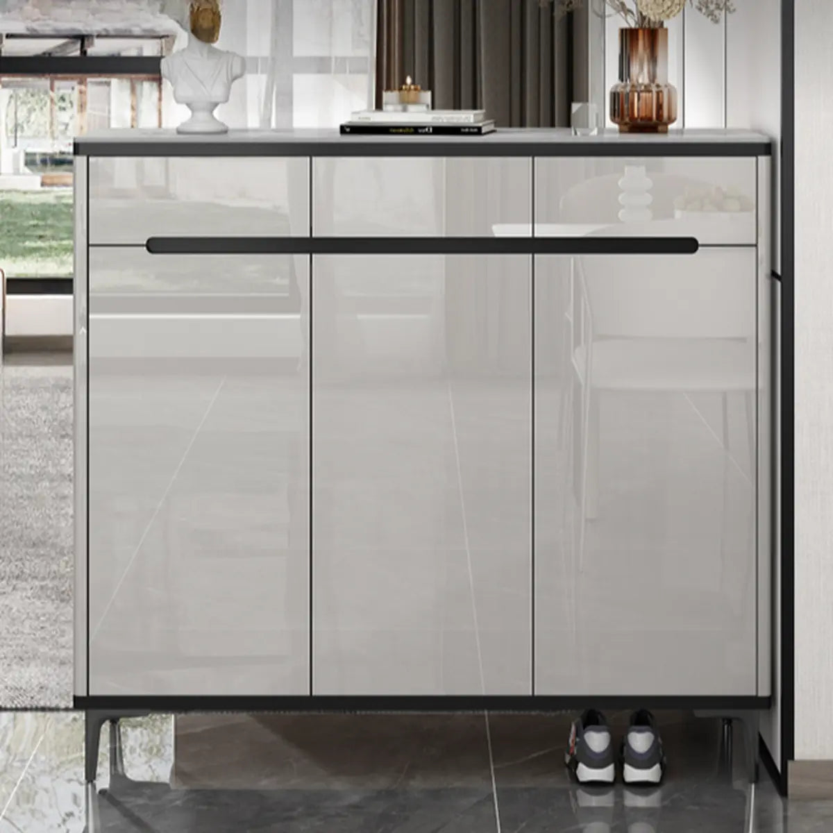 Modern Minimalist Rectangle Wood Entryway Gray Shoe Cabinet Image - 15
