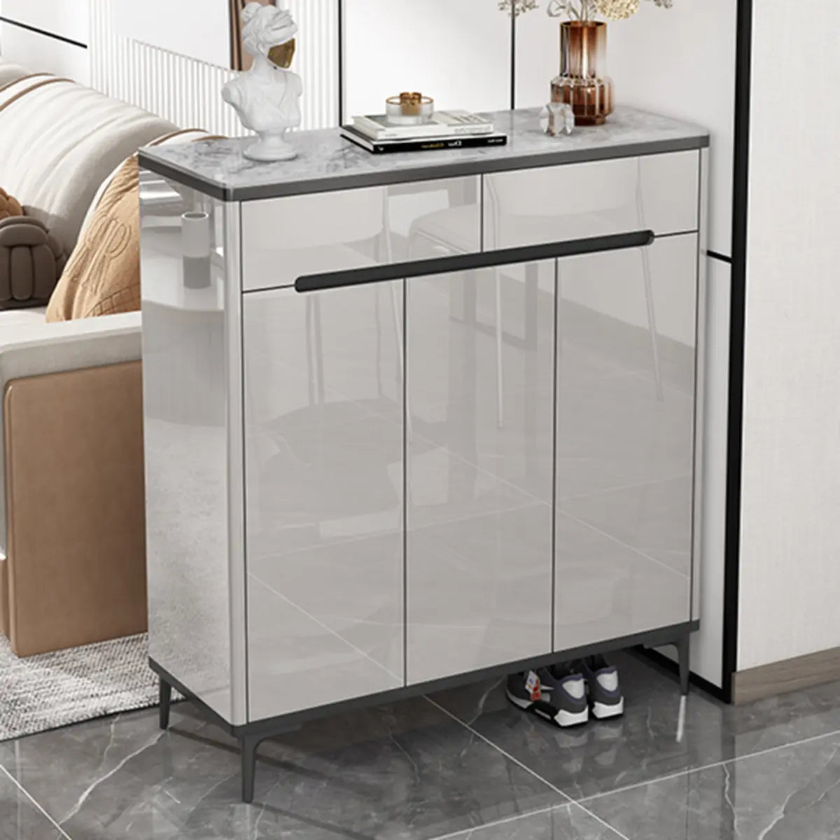 Modern Minimalist Rectangle Wood Entryway Gray Shoe Cabinet Image - 16