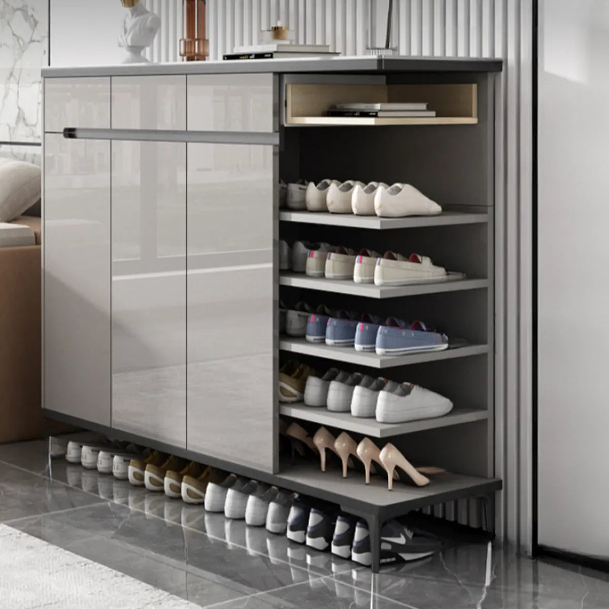 Modern Minimalist Rectangle Wood Entryway Gray Shoe Cabinet Image - 17