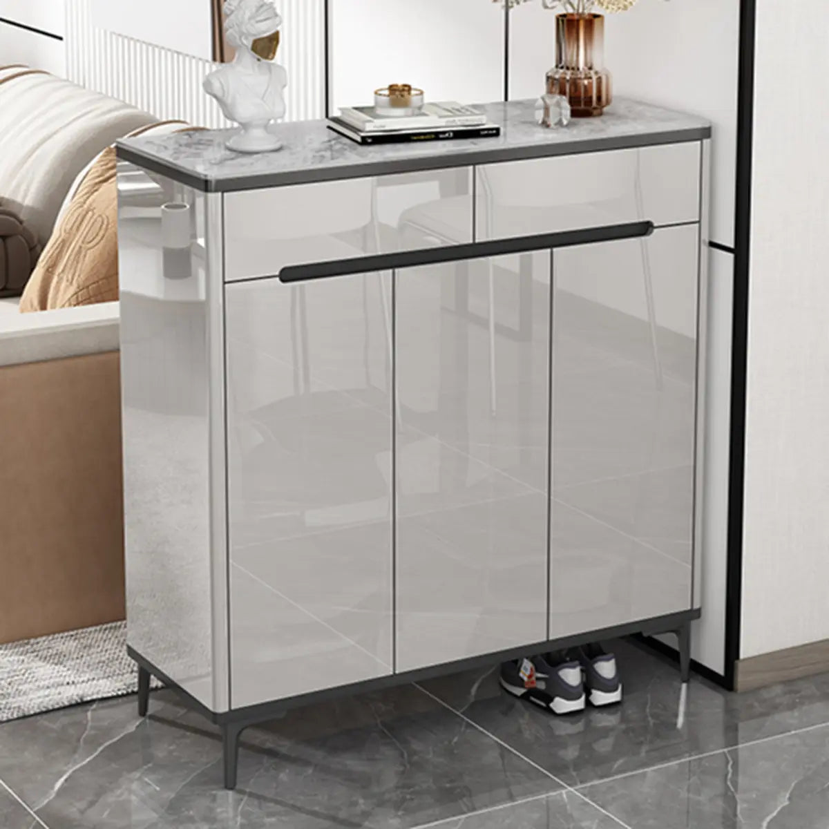 Modern Minimalist Rectangle Wood Entryway Gray Shoe Cabinet Image - 18