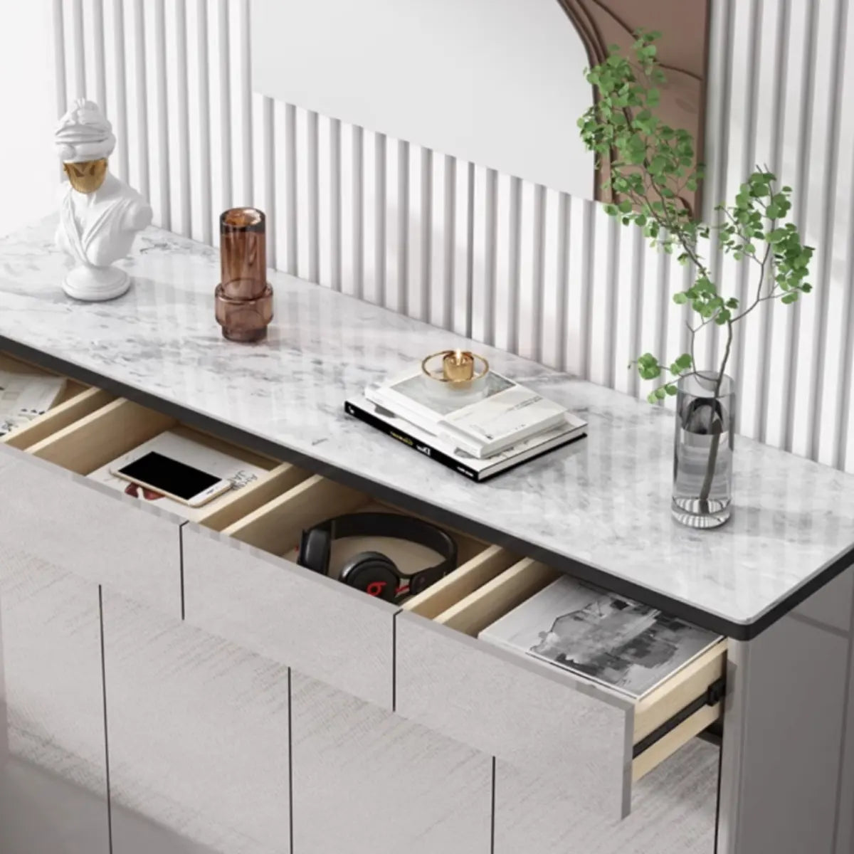 Modern Minimalist Rectangle Wood Entryway Gray Shoe Cabinet Image - 19