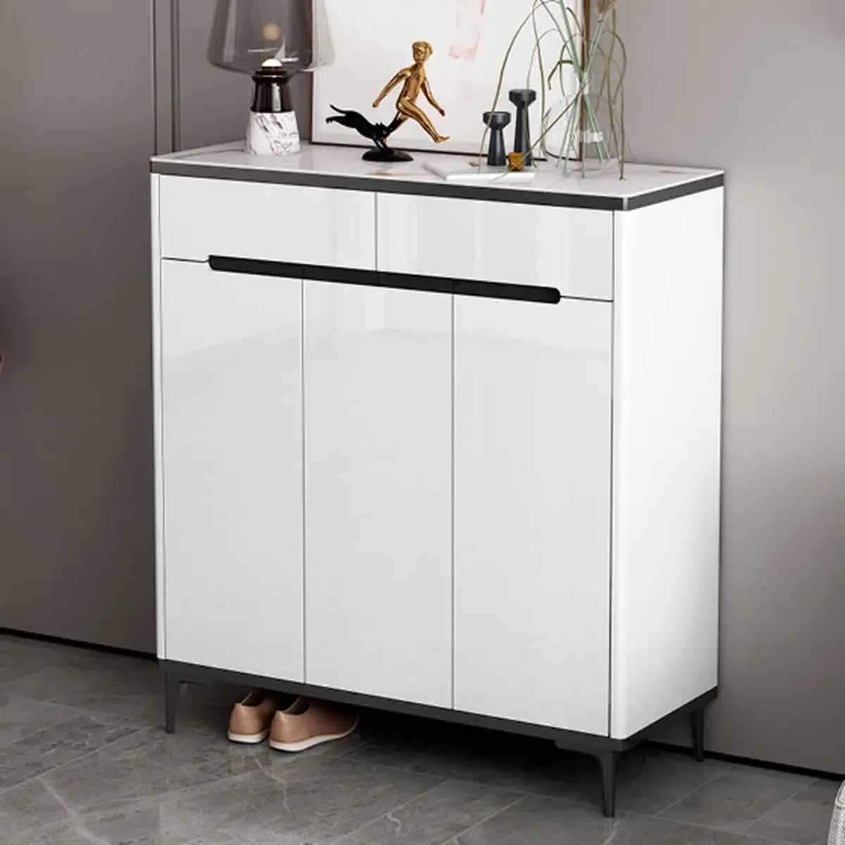 Modern Minimalist Rectangle Wood Entryway Gray Shoe Cabinet Image - 21
