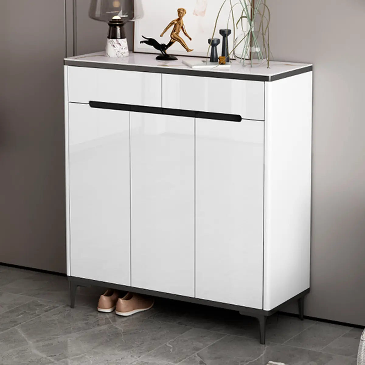 Modern Minimalist Rectangle Wood Entryway Gray Shoe Cabinet Image - 22