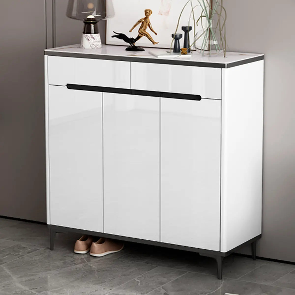 Modern Minimalist Rectangle Wood Entryway Gray Shoe Cabinet Image - 23