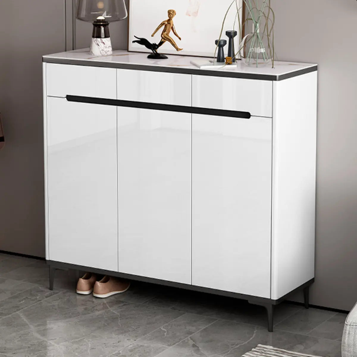 Modern Minimalist Rectangle Wood Entryway Gray Shoe Cabinet Image - 24