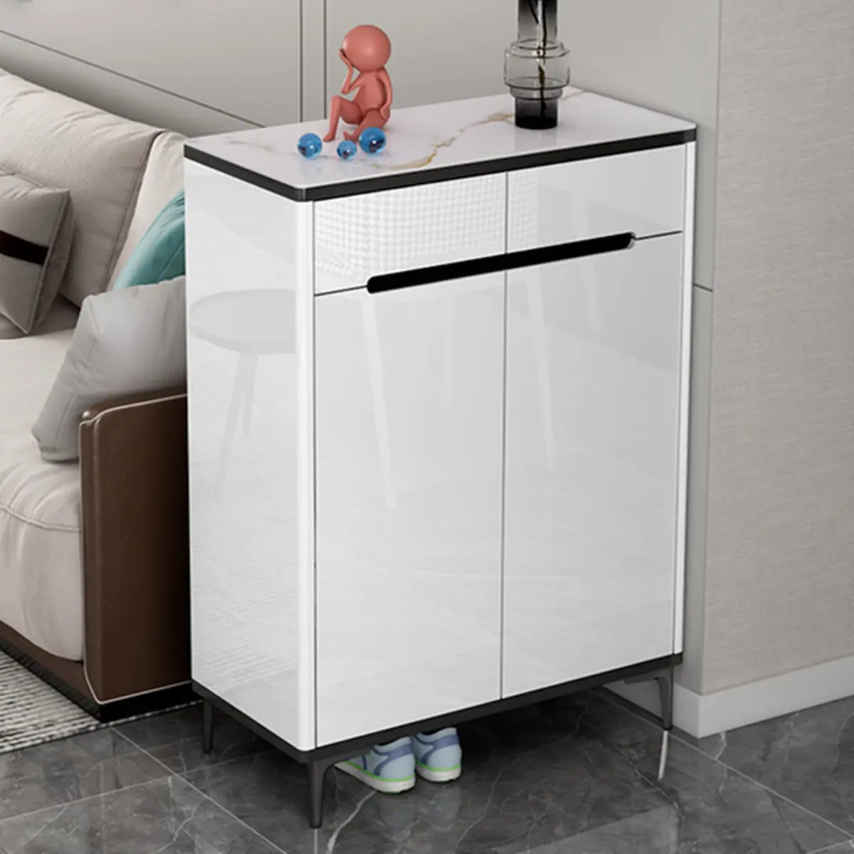 Modern Minimalist Rectangle Wood Entryway Gray Shoe Cabinet Image - 25