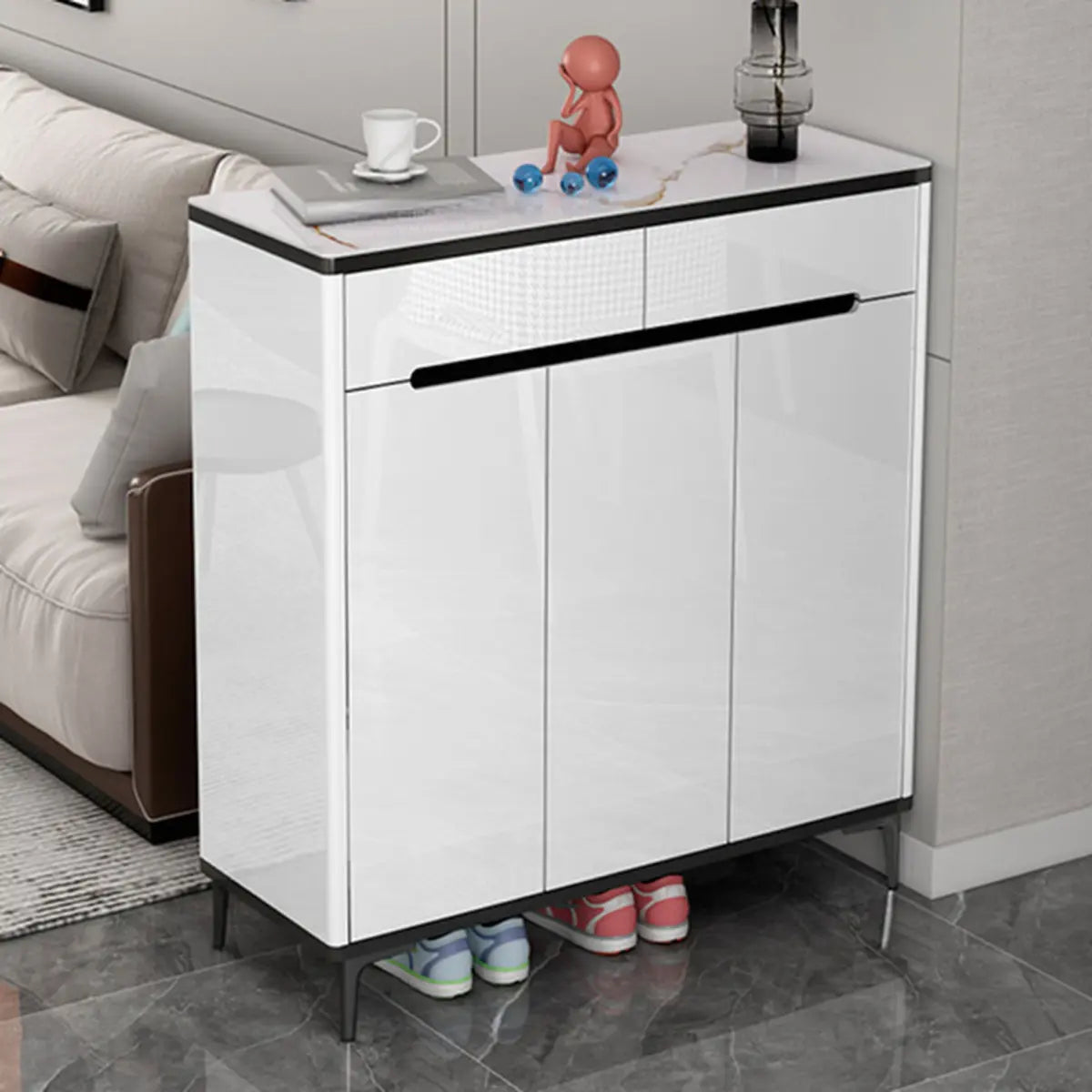 Modern Minimalist Rectangle Wood Entryway Gray Shoe Cabinet Image - 26