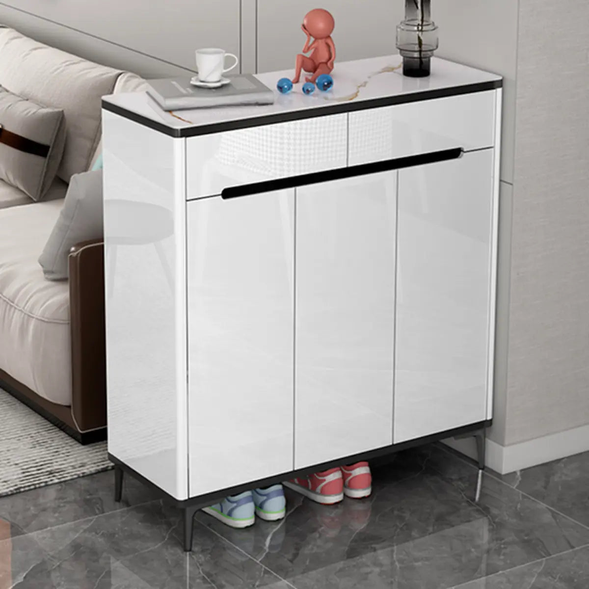 Modern Minimalist Rectangle Wood Entryway Gray Shoe Cabinet Image - 27