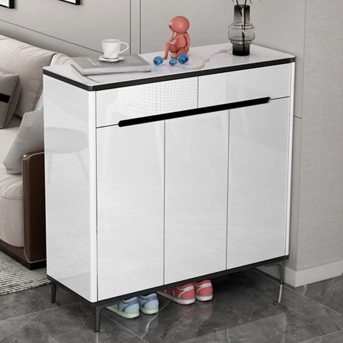 Modern Minimalist Rectangle Wood Entryway Gray Shoe Cabinet Image - 28