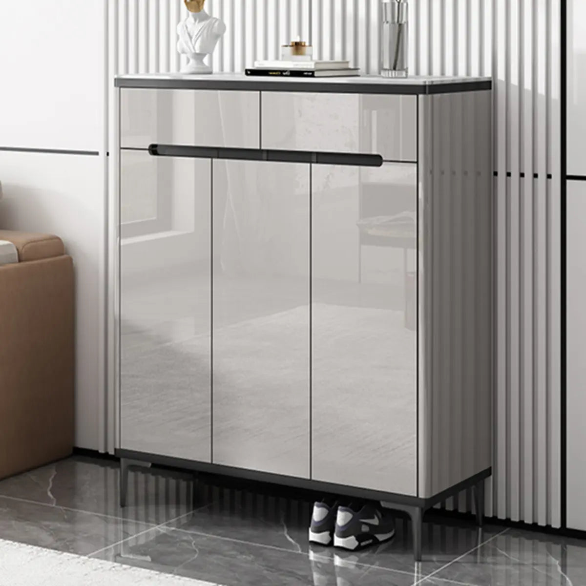 Modern Minimalist Rectangle Wood Entryway Gray Shoe Cabinet Image - 4