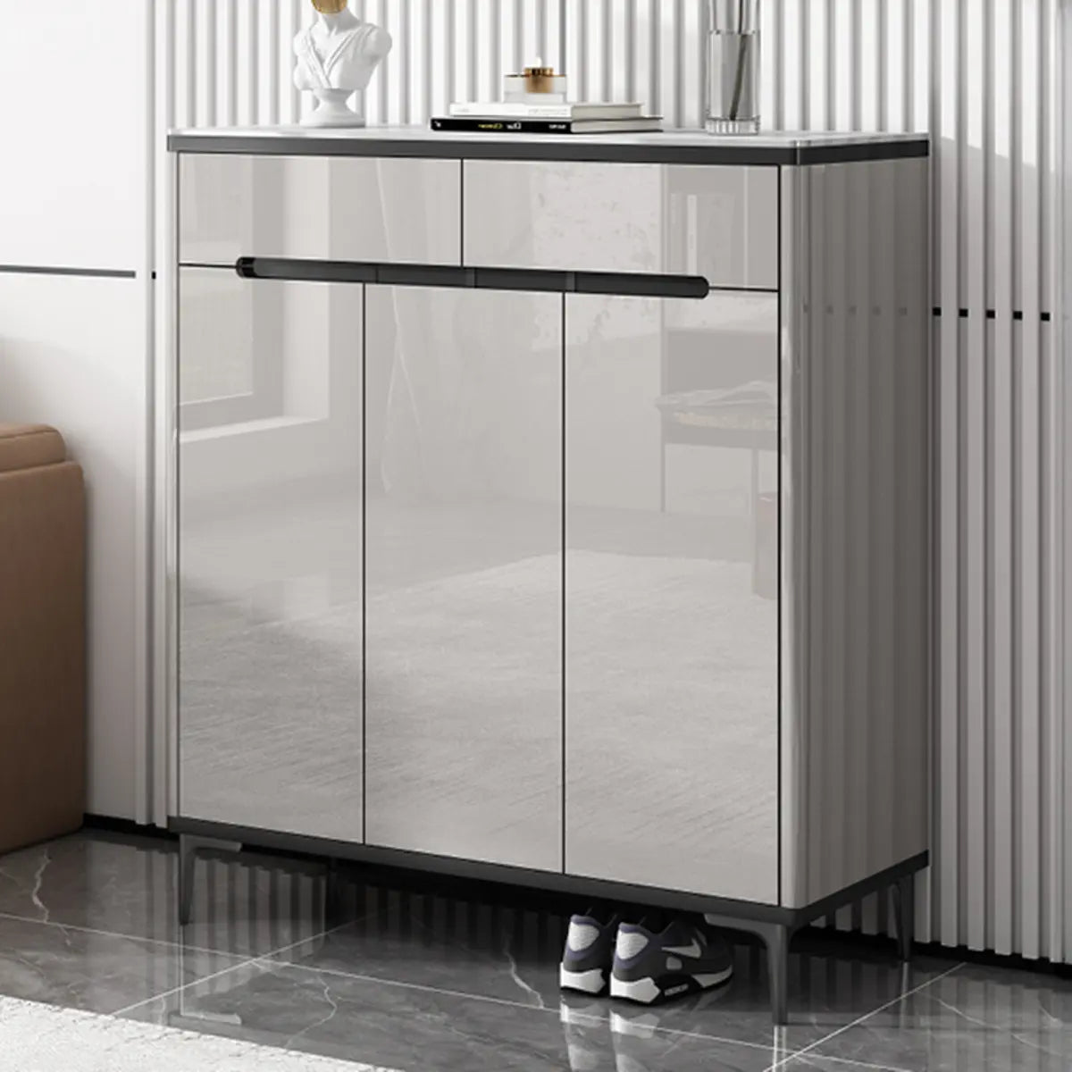 Modern Minimalist Rectangle Wood Entryway Gray Shoe Cabinet Image - 5