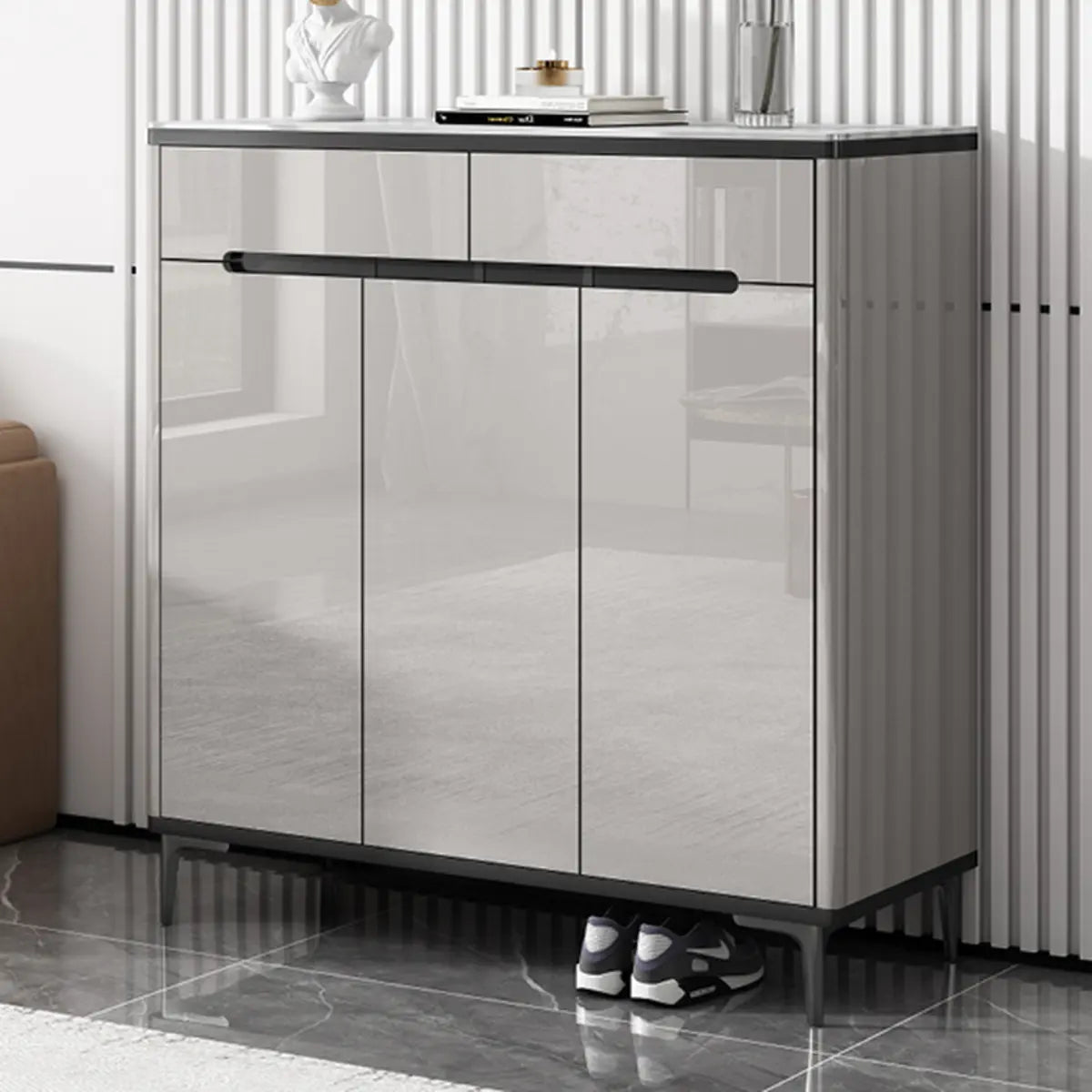 Modern Minimalist Rectangle Wood Entryway Gray Shoe Cabinet Image - 8