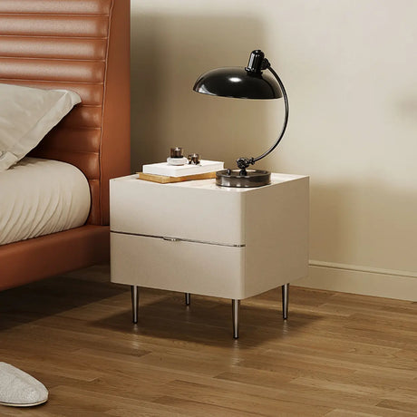 Modern Minimalist White Nightstand with Drawers & Metal Legs Image - 2