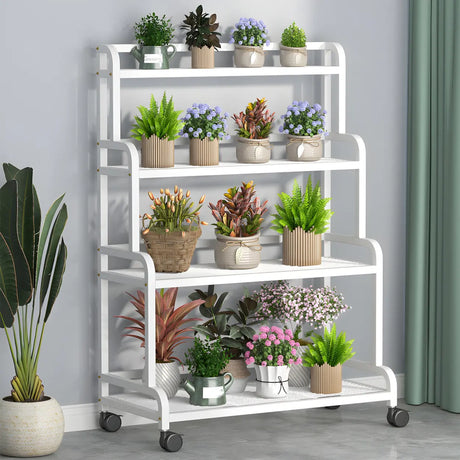 Modern Movable Rectangular White Metal Plant Stand Image - 1