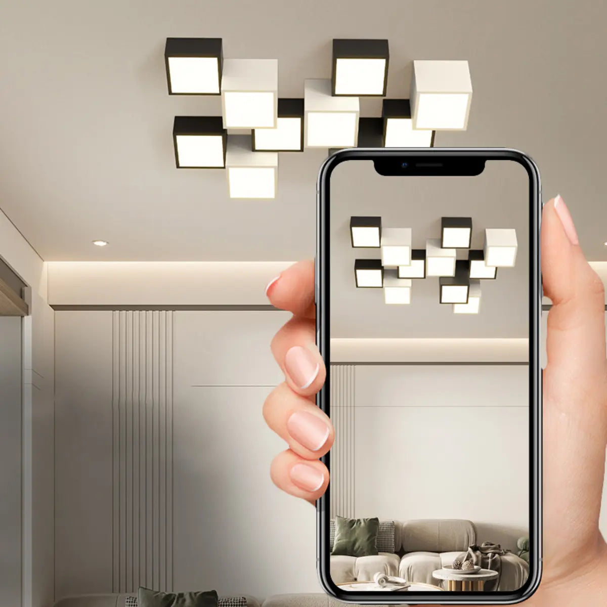 Black White Multi-Cube LED Flush Mount Ceiling Light Image - 14