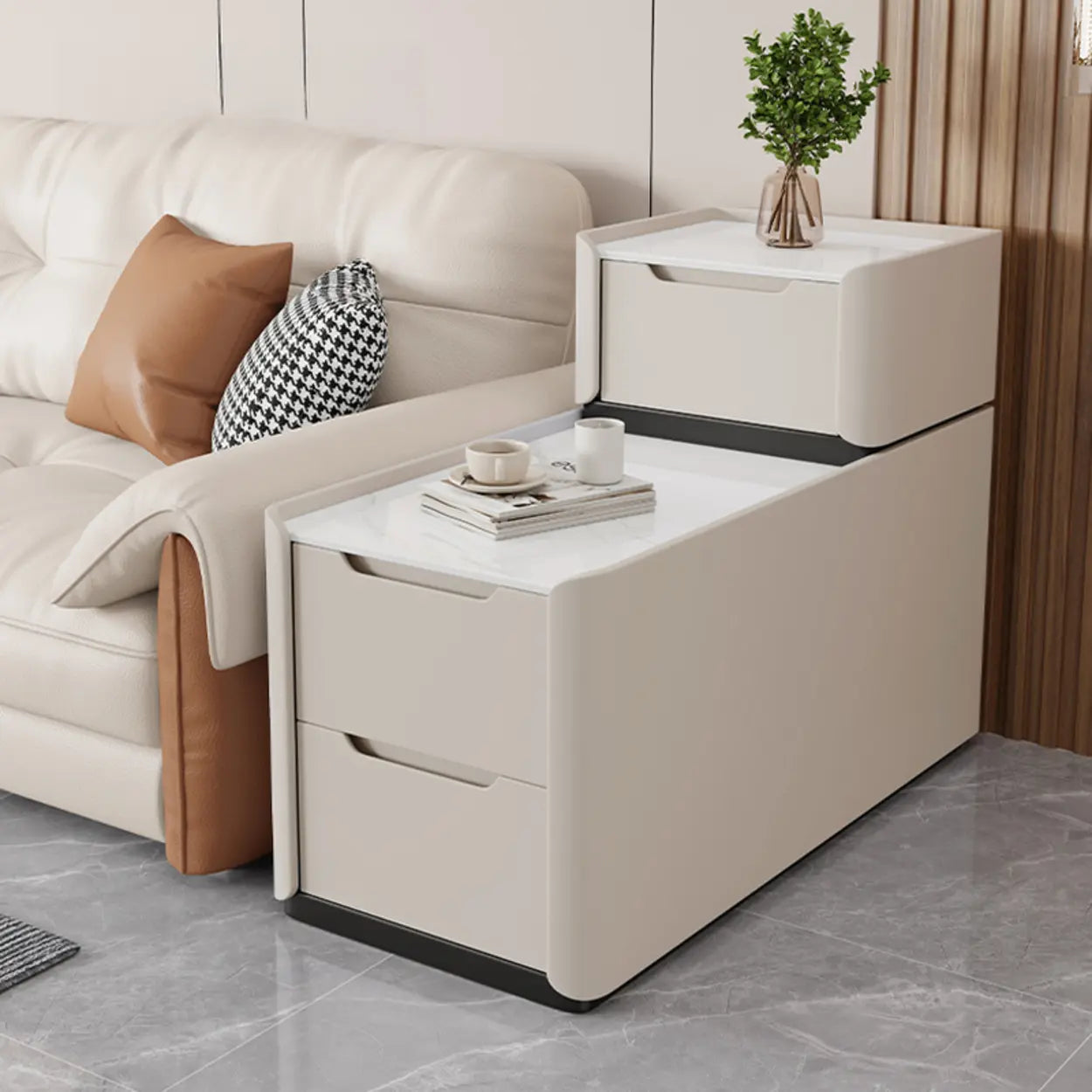 Modern Multi-Drawer White Marble Top Rectangular Side Table Image - 1