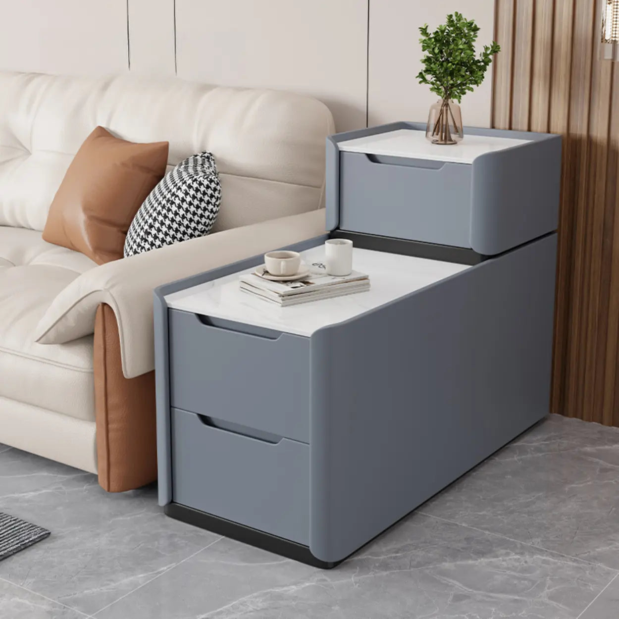 Modern Multi-Drawer White Marble Top Rectangular Side Table Image - 11