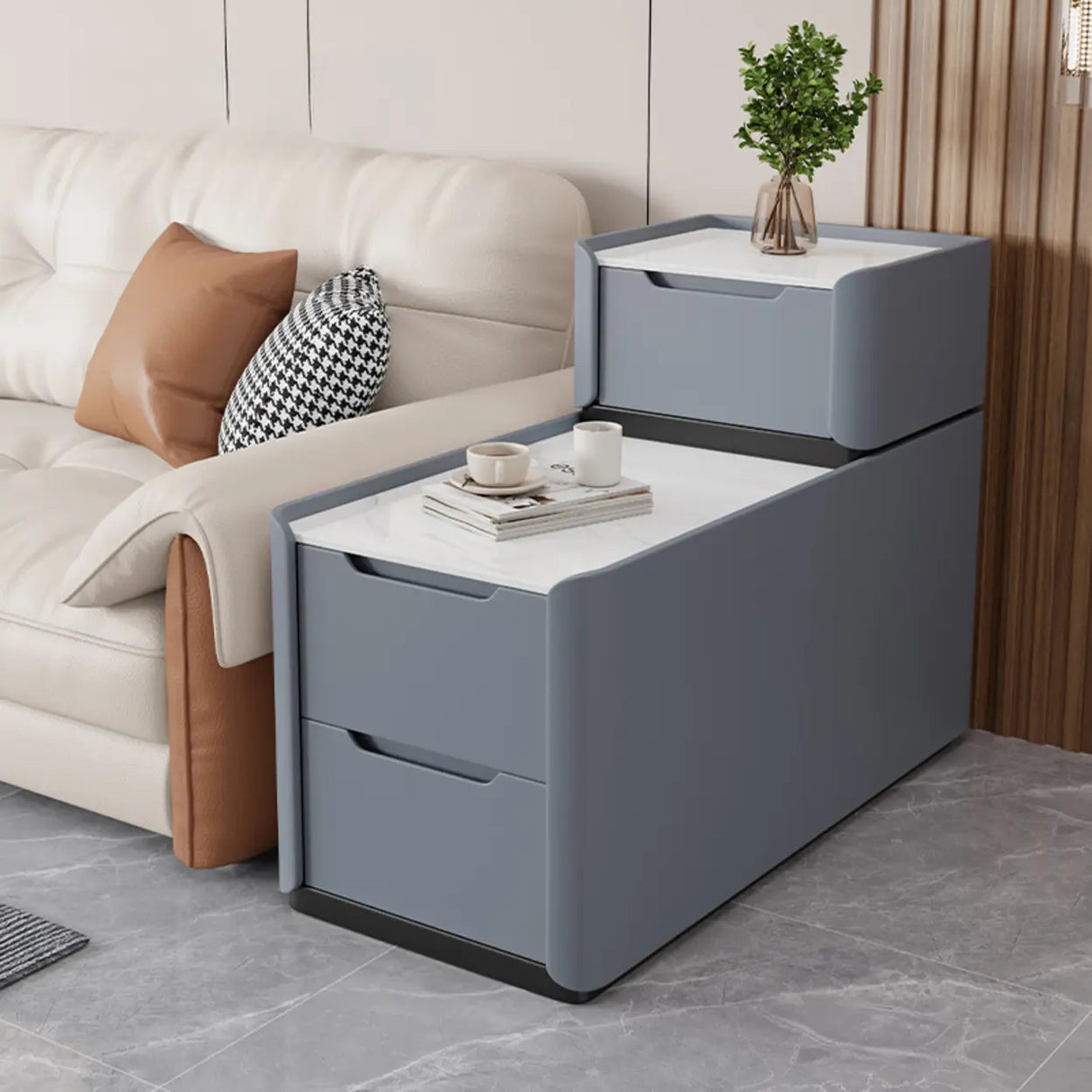 Modern Multi-Drawer White Marble Top Rectangular Side Table Image - 11