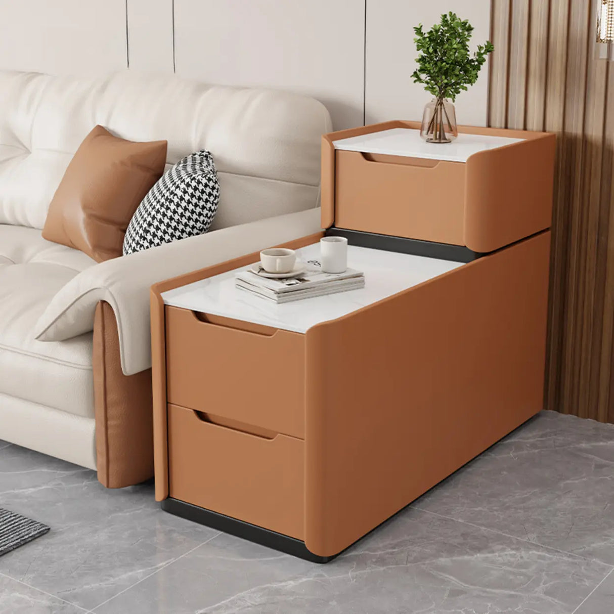 Modern Multi-Drawer White Marble Top Rectangular Side Table Image - 3