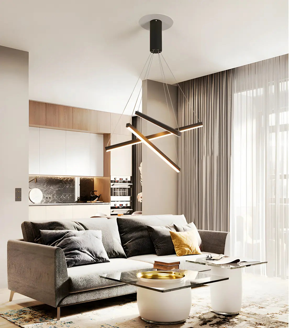Modern Multi-Rod Geometric Black Chandelier Living Room Image - 17