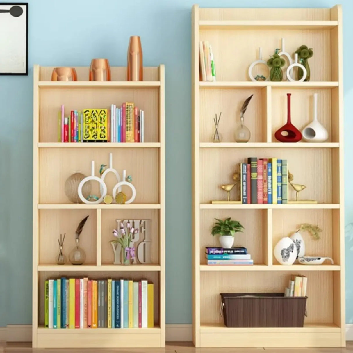 Modern Natural Pine Vertical Wooden Narrow Bookcase Image - 3