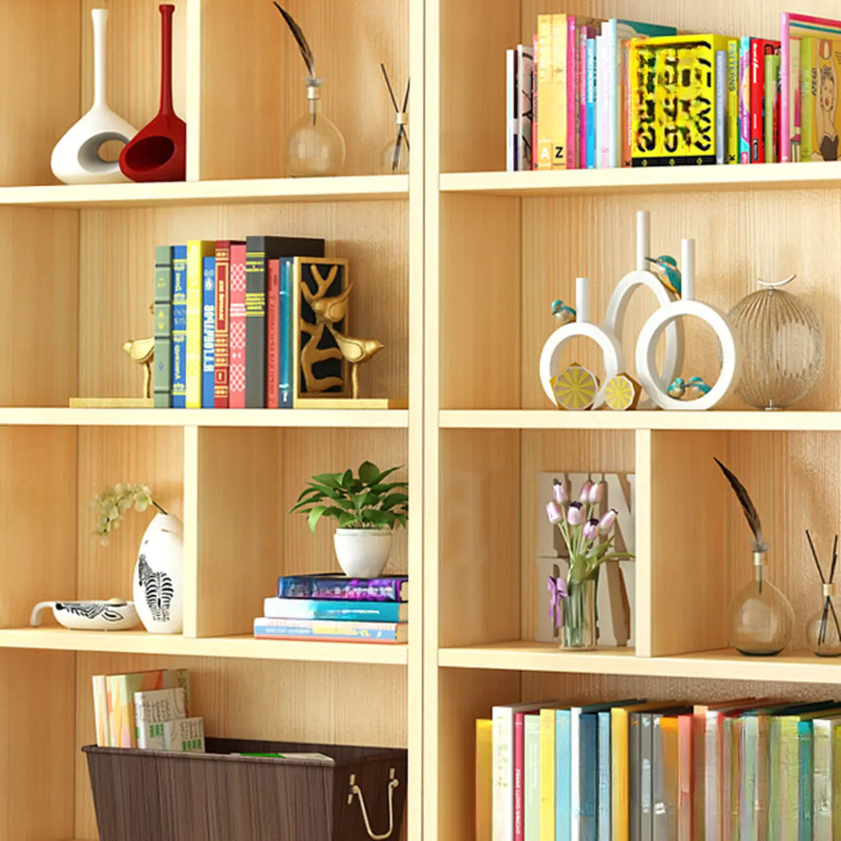 Modern Natural Pine Vertical Wooden Narrow Bookcase Image - 6