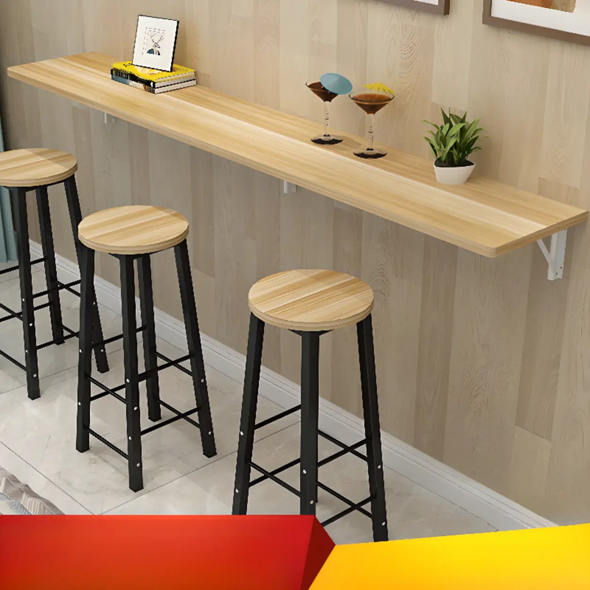 Modern Natural Rectangular Wood Wall-Mounted Bar Table Image - 1