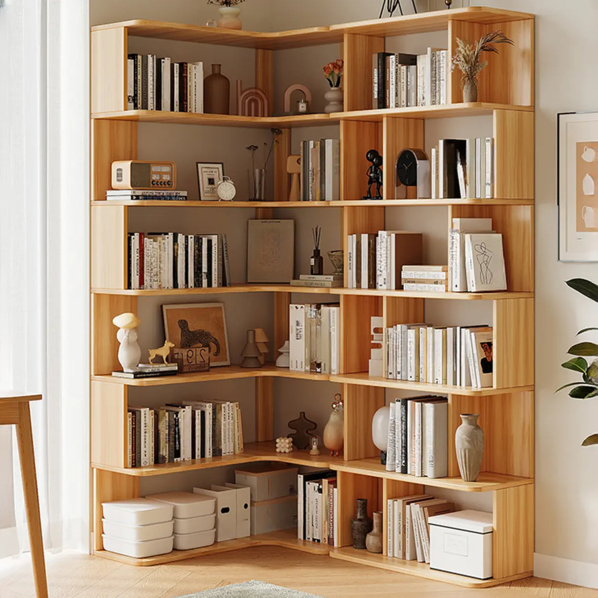 Modern Natural Wood Finish L-shape Corner Bookcase Image - 1