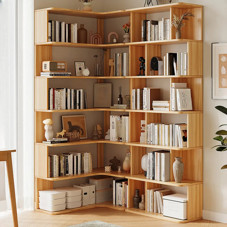 Modern Natural Wood Finish L-shape Corner Bookcase Image - 1