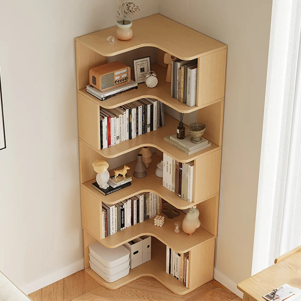 Modern Natural Wood Finish L-shape Corner Bookcase Image - 12