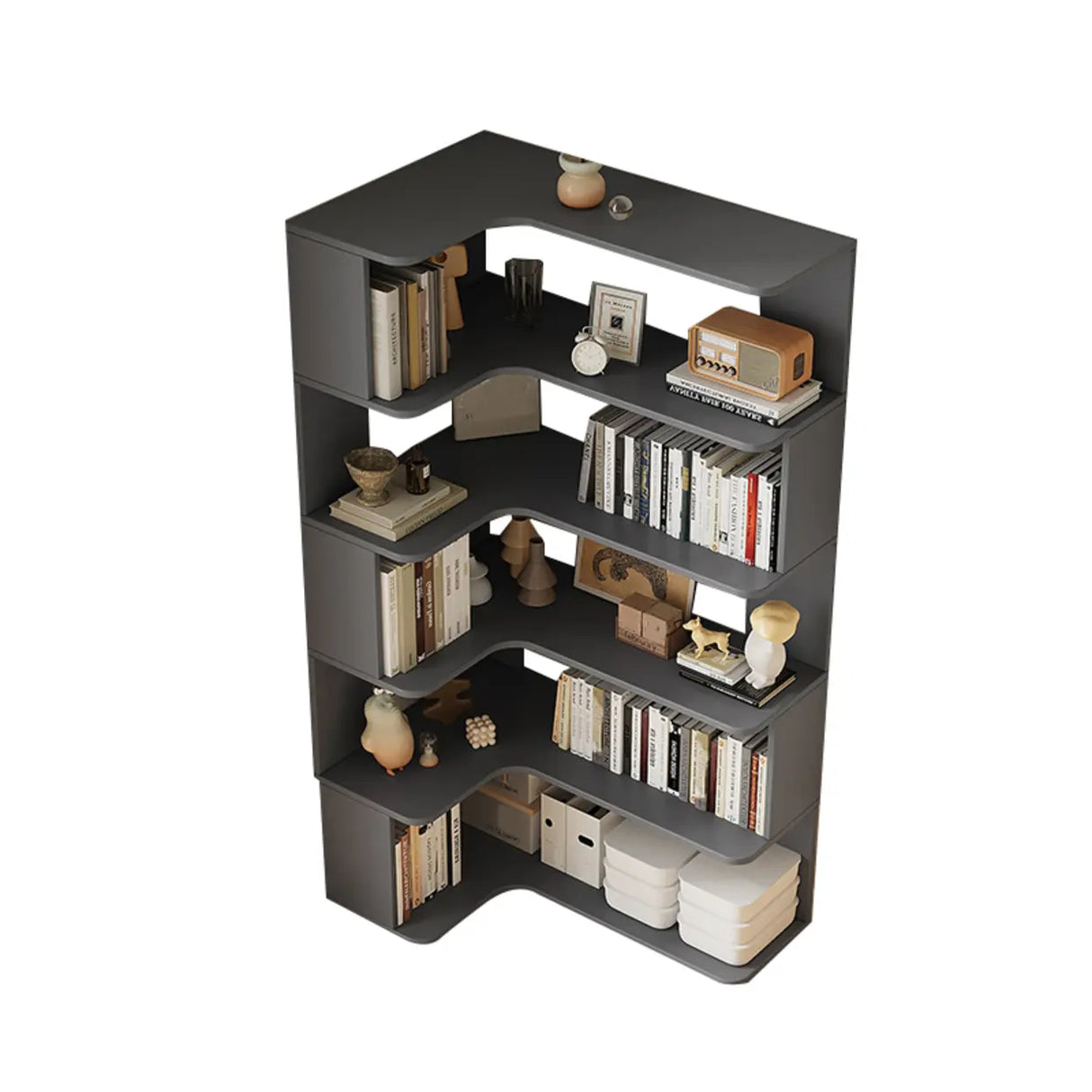 Modern Natural Wood Finish L-shape Corner Bookcase Image - 16