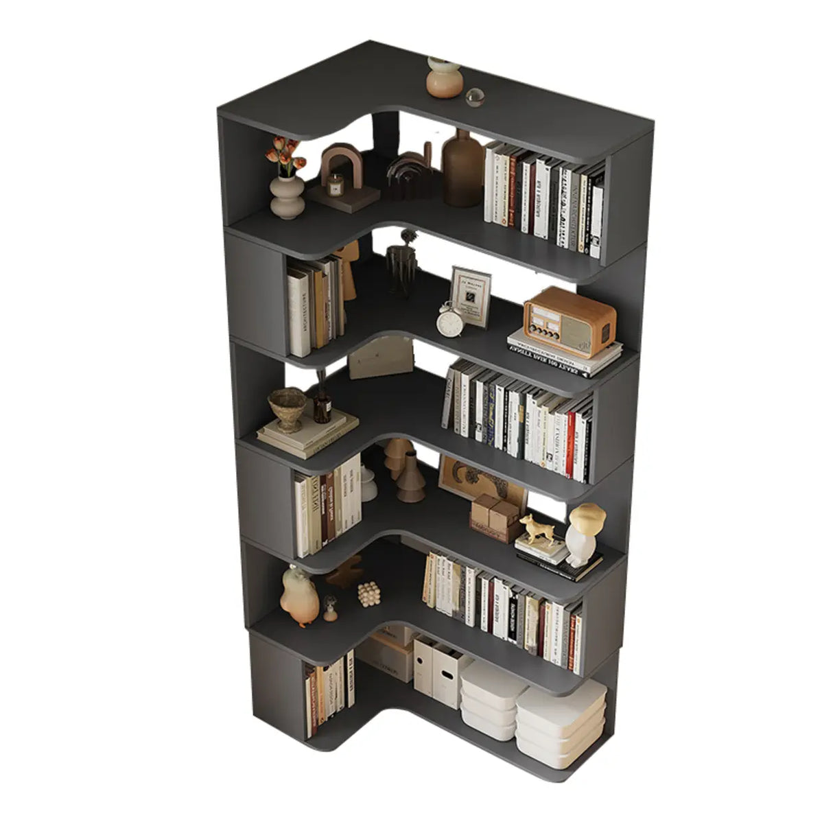 Modern Natural Wood Finish L-shape Corner Bookcase Image - 17