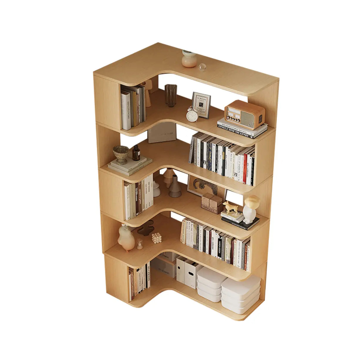 Modern Natural Wood Finish L-shape Corner Bookcase Image - 22
