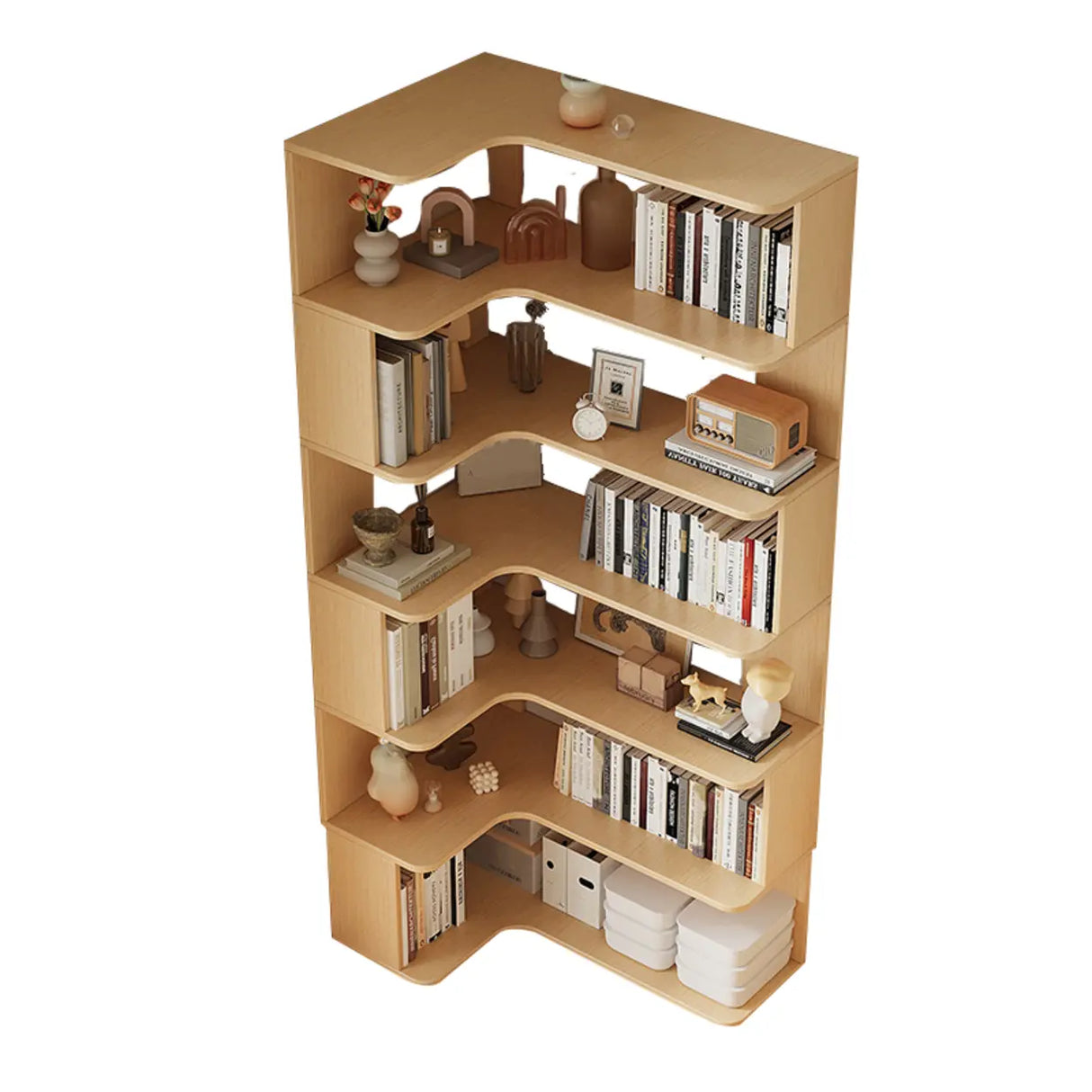Modern Natural Wood Finish L-shape Corner Bookcase Image - 23