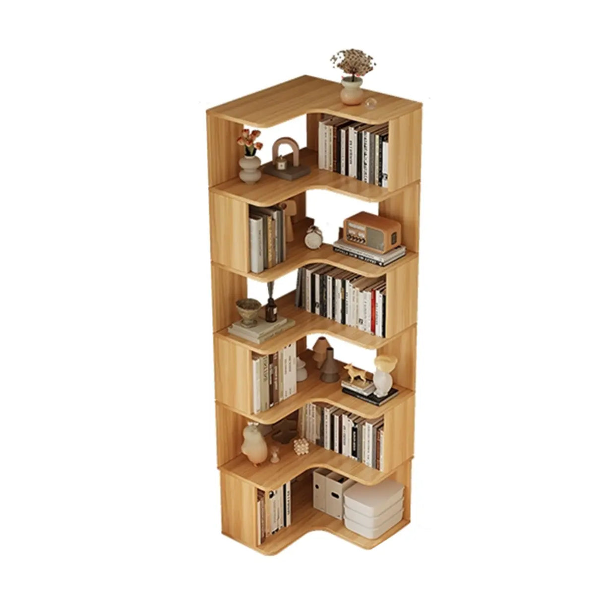 Modern Natural Wood Finish L-shape Corner Bookcase Image - 25