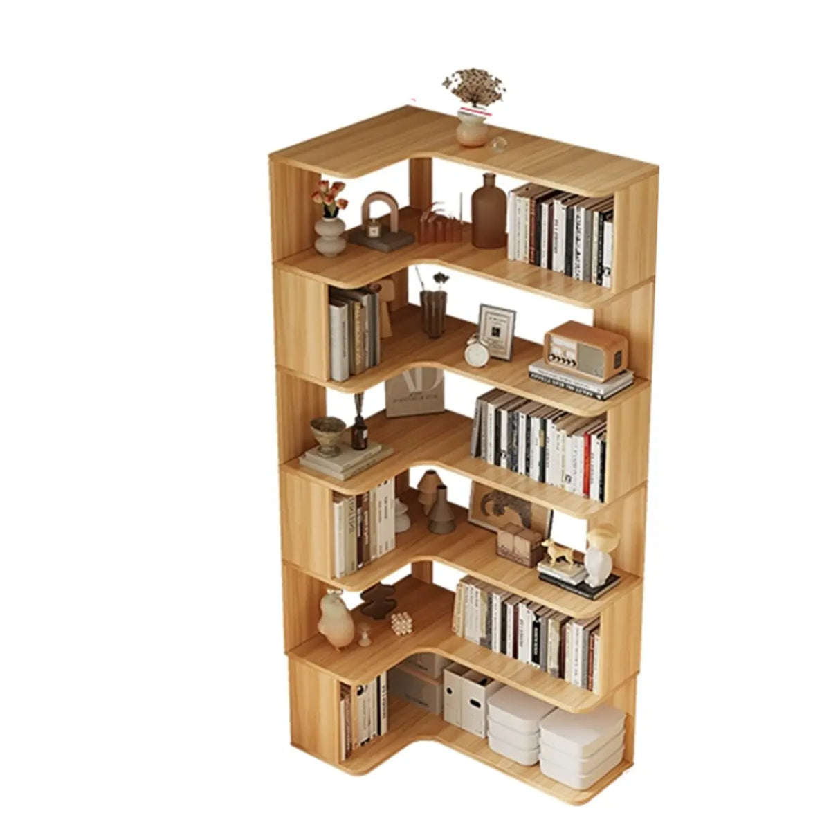Modern Natural Wood Finish L-shape Corner Bookcase Image - 27