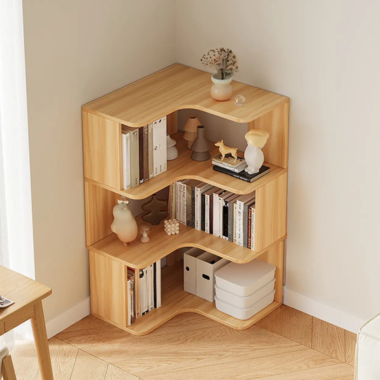 Modern Natural Wood Finish L-shape Corner Bookcase Image - 3