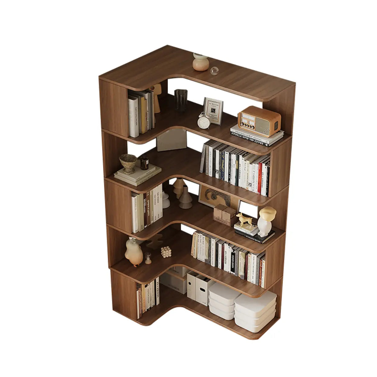 Modern Natural Wood Finish L-shape Corner Bookcase Image - 30