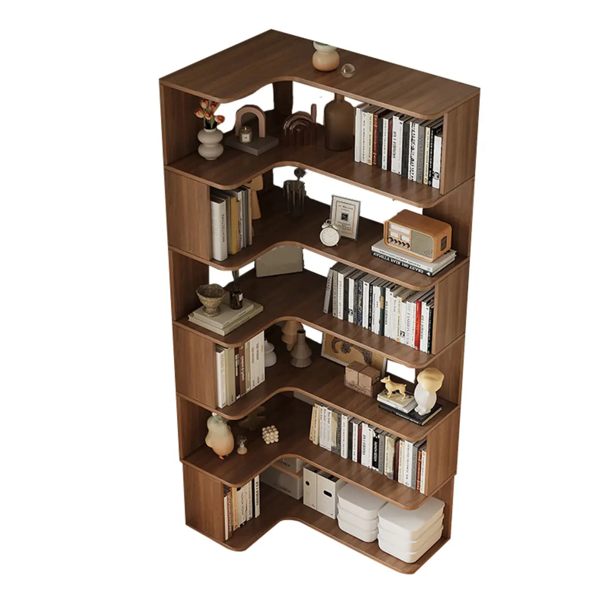 Modern Natural Wood Finish L-shape Corner Bookcase Image - 31