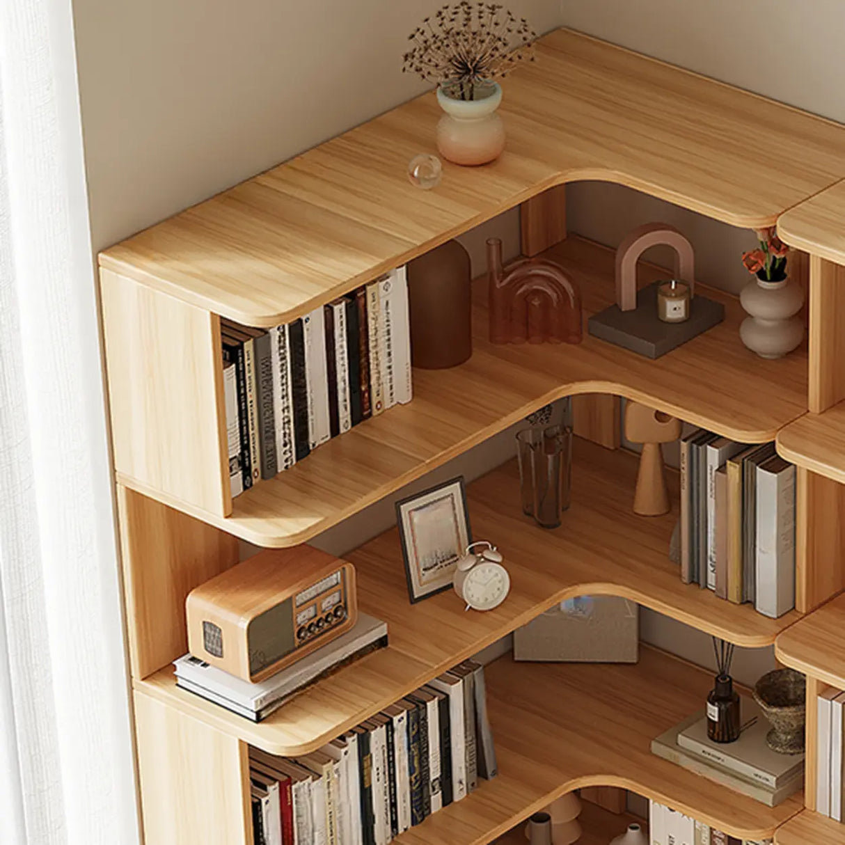Modern Natural Wood Finish L-shape Corner Bookcase Image - 4